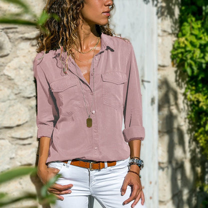 Xakxx - Womens Soft Tops Blouses 2023 Autumn Long Sleeve Solid V-Neck Office Blouse Female Work Women Button Up Shirt Plus Size 5XL