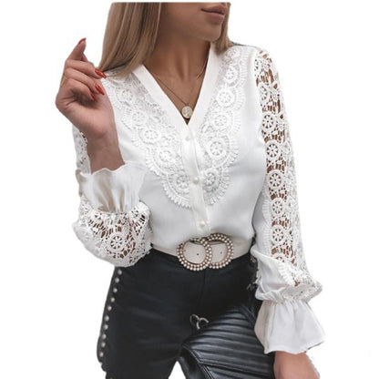 Xakxx - Women Sexy Lace Patchwork Hollow Out Shirt Blouse Long Sleeve O-Neck Mesh Design Tops Spring White Vintage Button Shirts