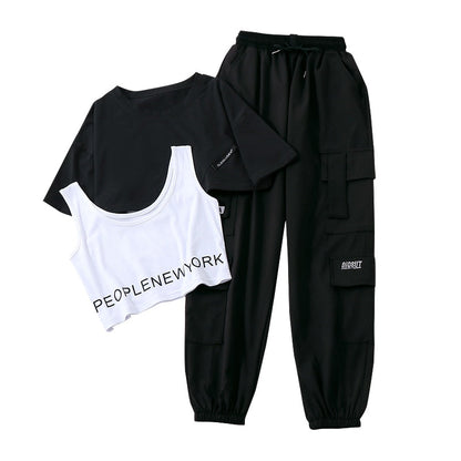 Purpdrank - 3 Pieces Set Summer Women Cargo Pants Suit Set Streetwear Outfit Harajuku Short Sleeve Trousers & Crop Tops Tee Shirt