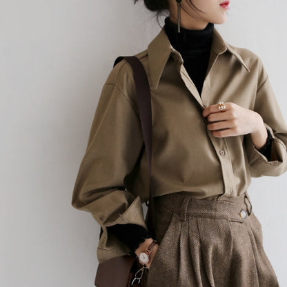 Xakxx - Coffee Blouse Women Spring Autumn Casual Solid Color Long Sleeve Shirt Women Korean Loose Shirt OL Style Workwear Plus Size S-XL