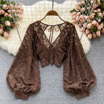 Xakxx - Autumn Black/White/Brown Sexy Lace Blouse Women Elegant V-Neck Puff Long Sleeve Open Back Short Tops Female Party Blusas 2023