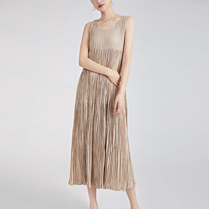 2025 Women's summer dress round neck sleeveless loose drape medium and long a-shaped skirt elegant dress skirt pleated skirt