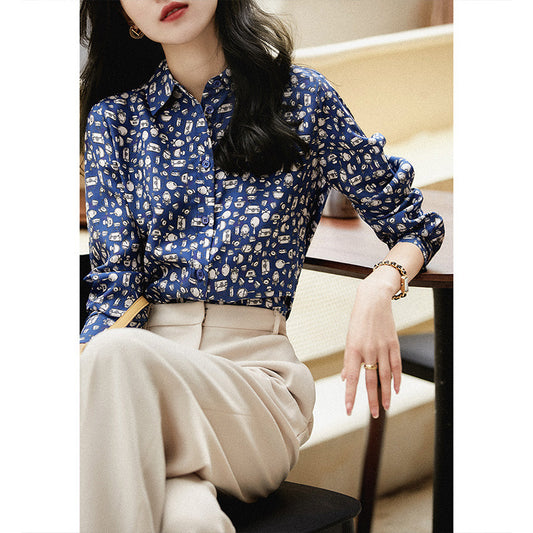 2025 Temperament~ floral silk shirt  spring new commuter women's printed top, mulberry silk shirt