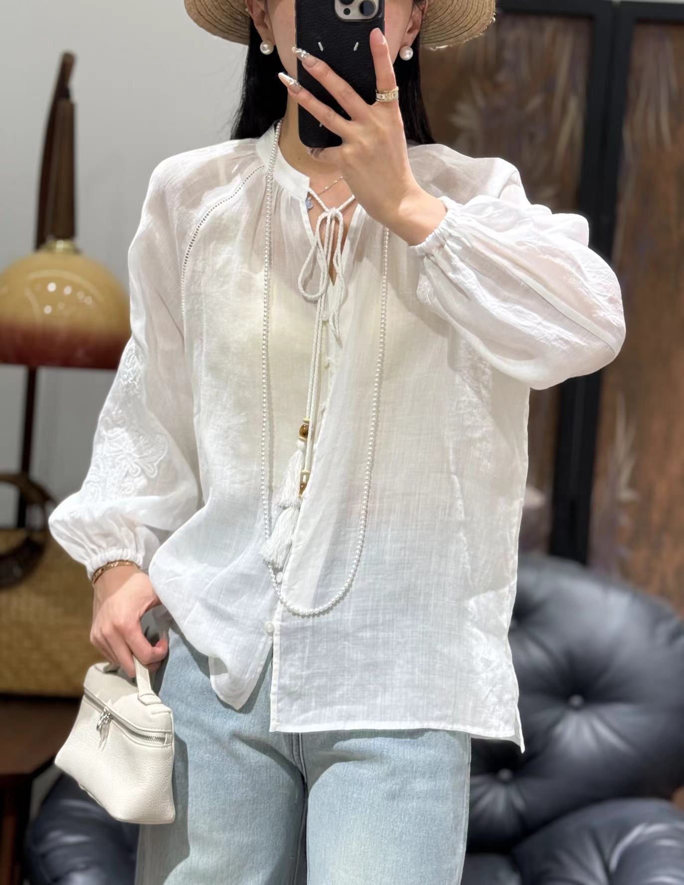 2025 High-end  early spring new 100 ramie sequined embroidery decoration fashionable loose and thin Popular shirt