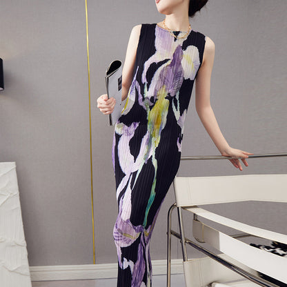 2025 Fashion high-end pleated skirt summer women's new long sleeveless printed straight versatile retro dress