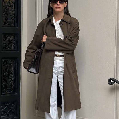 XAKXX 2025 spring and summer casual versatile retro classic brown long knitted suede long-sleeved tooling trench coat women