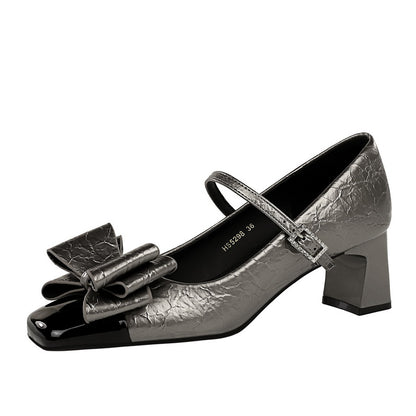 2025 5298-H58 Mary Jane women's shoes medium heel thick heel shallow mouth square head splicing toe head word with bow single shoes women