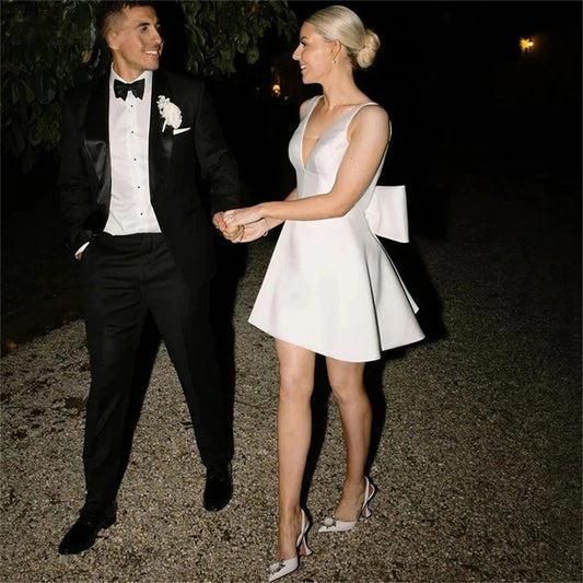 2025 Hot trade new wedding dress spring sleeveless satin bow V-neck halter A-shaped dress bridal dress party dress