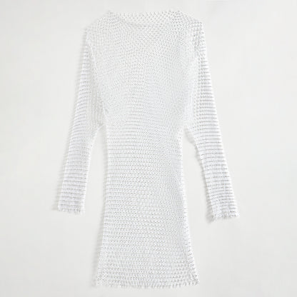 10129 Cross-border  Popular, 2025,  women's clothing popular long-sleeved grid sexy flash diamond round neck dress