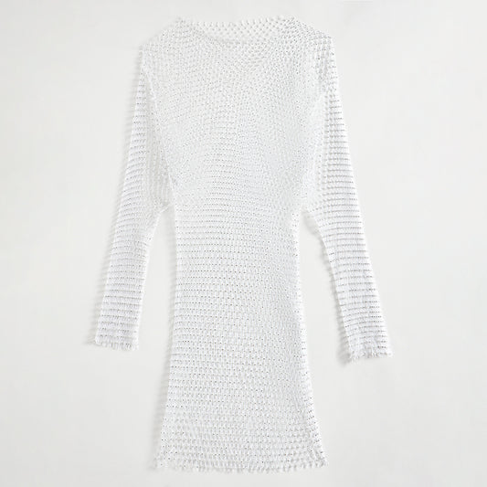 10129 Cross-border  Popular, 2025,  women's clothing popular long-sleeved grid sexy flash diamond round neck dress