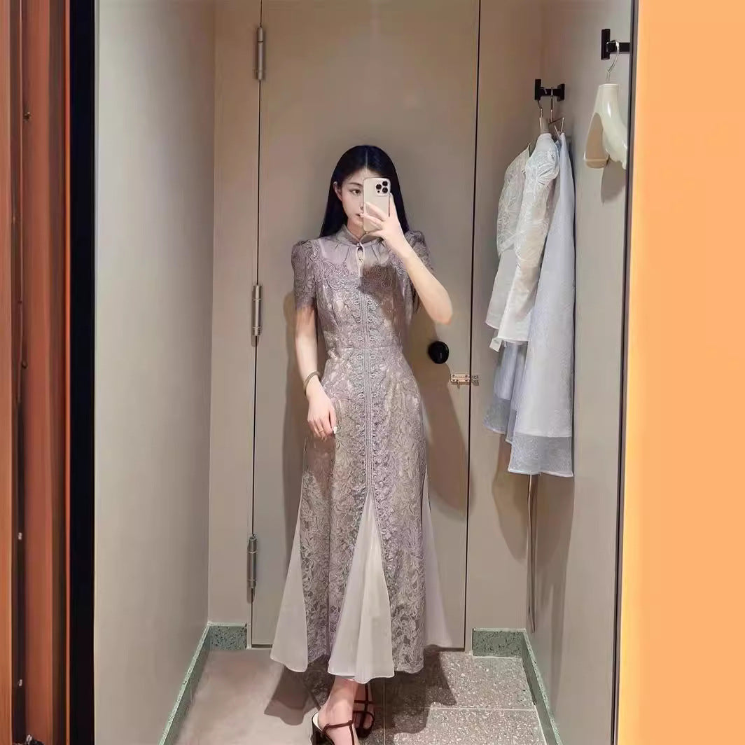 [Golden Girl] 2025 Summer New Chinese Style Cheongsam Style Temperament Slimming Lace Dress 23215