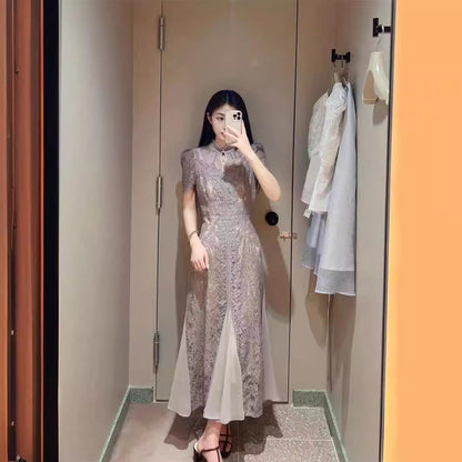 [Golden Girl] 2025 Summer New Chinese Style Cheongsam Style Temperament Slimming Lace Dress 23215