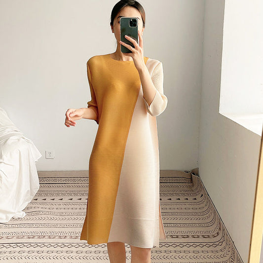2025 women's clothing medium and long dress splicing temperament commuting loose contrasting color dress fat mm stomach A-word skirt Popular style
