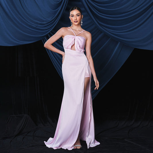2025 sleeveless temperament one-word collar sexy neck long split banquet evening dress bridesmaid dress