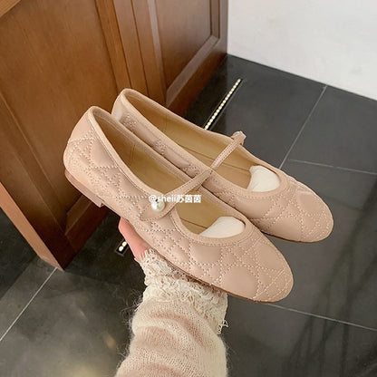 2025 Sheepskin version~ Round head imported lambskin rhombus pearl one-word buckle with flat sole shoes women's Mary Jane shoes