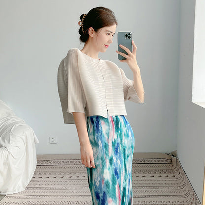 2025 women's pleated top temperament one button spring and summer new outer small cardigan five-quarter sleeve thin short coat