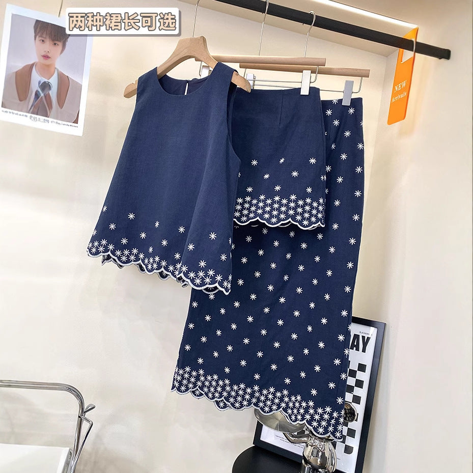 2025 Popularan station embroidery small daisy sleeveless top ramie skirt fashion suit women's summer wear a complete set of skirts