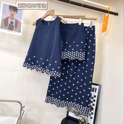 2025 Popularan station embroidery small daisy sleeveless top ramie skirt fashion suit women's summer wear a complete set of skirts