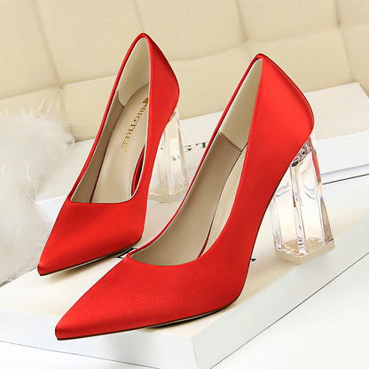 2025 2993-1 Korean version of fashion transparent crystal heel high heel satin light mouth pointed sexy high heels wedding shoes women's single shoes