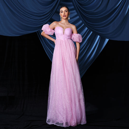 2025 short-sleeved temperament one-word collar sexy chest wrap long mesh banquet evening dress bridesmaid dress dress