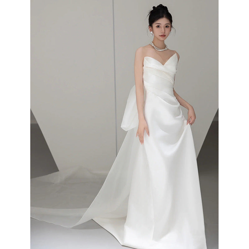 2025 tube top light wedding dress light luxury travel photography Mori hair out yarn Korean simple satin bridal welcome dress small trailing spring