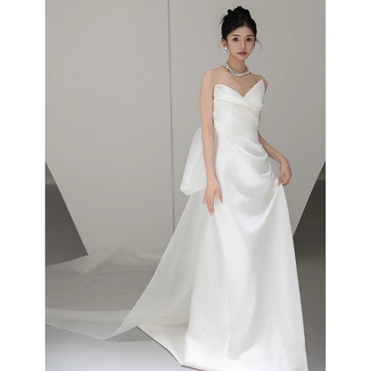 2025 tube top light wedding dress light luxury travel photography Mori hair out yarn Korean simple satin bridal welcome dress small trailing spring