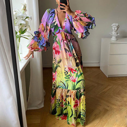 2025 New summer new 2025 women's clothing printing gradual change color dress ruffle V-neck sexy and thin dress