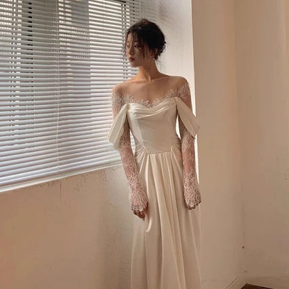 2025 simple satin travel photography light wedding dress long sleeve popular new bride shoulder small light dress trailing