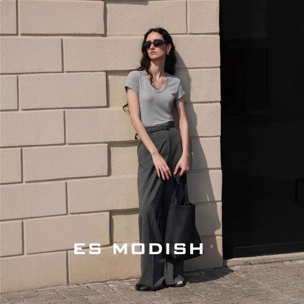 2025 ES MODISH Spring New Product Waist Skinny Shoulder U-Neck Short Sleeve T-Shirt Women's Design Versatile Tencel Top