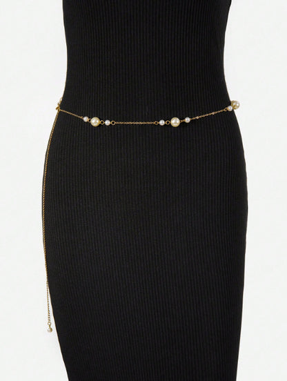 4637 New size pearl waist chain women's versatile decorative 2025 dress sweet metal waist chain body chain