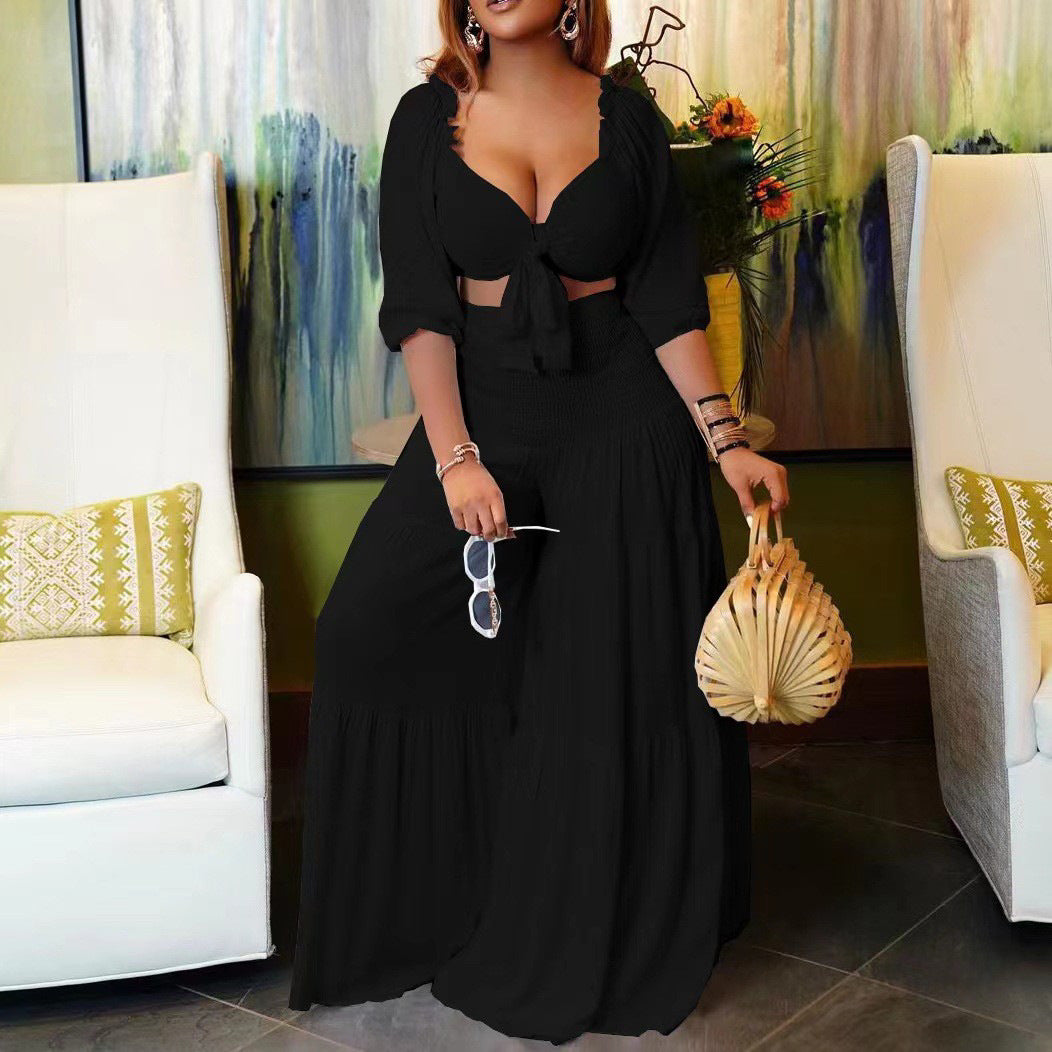 2025 D220  popular summer chest wrap strap top wide leg pants large size 2025 two-piece set casual New set