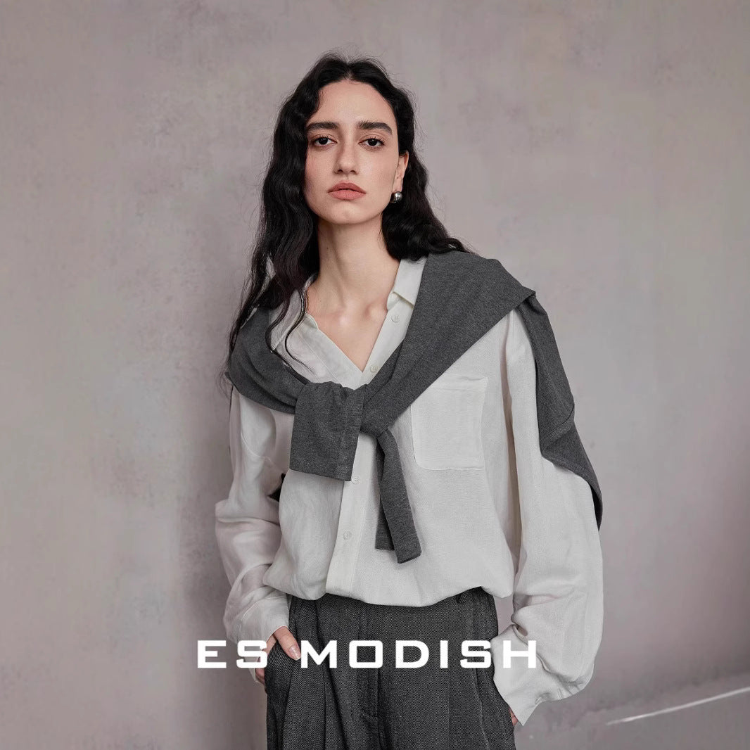 2025 ES MODISH Spring New Product Niche Design Cross V-Neck Casual Pullover Shirt Simple Linen Top