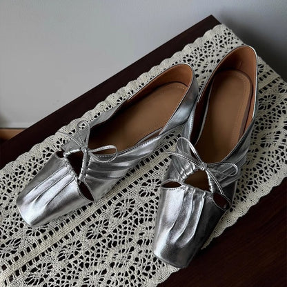 2025 Sheepskin version~ niche design pleated hollow square head Mary Jane shoes  leather bow flat shoes