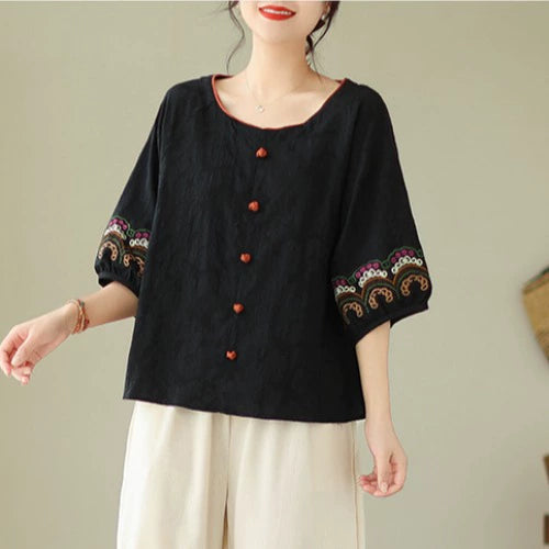 Young mother fashion suit jacquard loose literary button top ramie nine-point Harlan pants casual two-piece set
