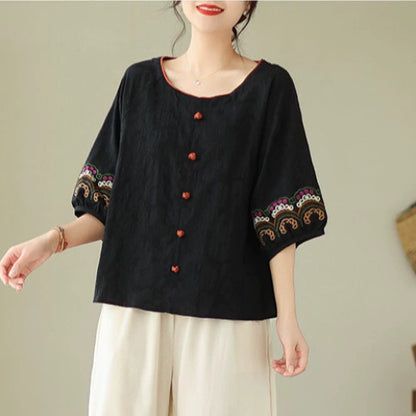 Young mother fashion suit jacquard loose literary button top ramie nine-point Harlan pants casual two-piece set