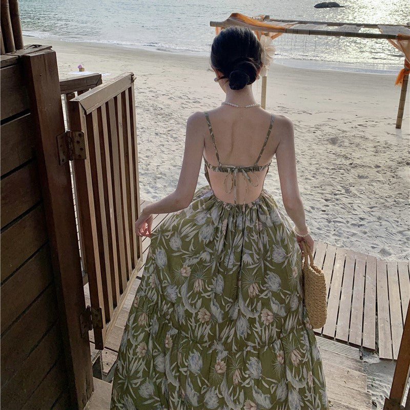 2025 romantic vacation style beautiful dating flower suspender waist halter thin Sanya seaside travel dress