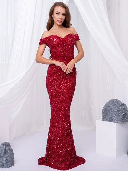 XAKXX 2025 popular new spring and summer banquet design single shoulder sequins gold heavy industry evening dress women's fishtail dress dress
