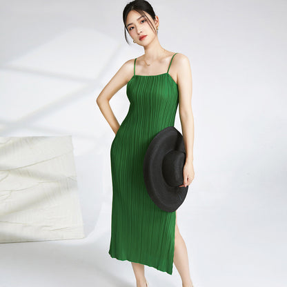 2025 suspender skirt design pleated dress women's summer new elegant temperament split-ended long dress