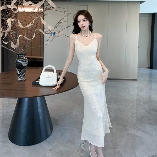 2025 Bar mitzvah evening dress dress light luxury niche high-end temperament socialite waist thin sexy sequin suspender dress