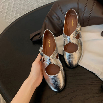 2025 Cowhide version~ Grape mother, the same cross belt, silver round head soft leather Mary Jane women's shoes, light mouth flat bottom single