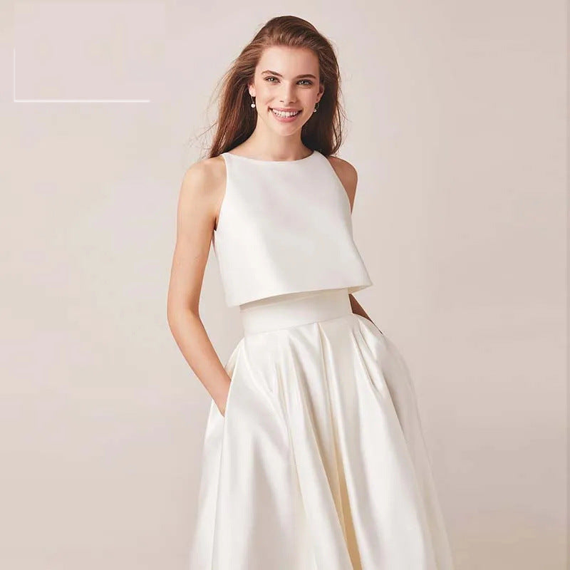 2025 Popular trade new ivory white evening dress bride simple temperament wedding dress banquet party princess dress spring