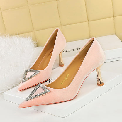 2025 1818-K36  style banquet high heels thickened suede shallow mouth pointed triangle metal rhinestone buckle single shoes