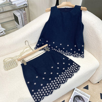 2025 Popularan station embroidery small daisy sleeveless top ramie skirt fashion suit women's summer wear a complete set of skirts
