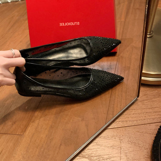 2025 2025 new Xingshengda elegant small pointed breathable mesh rhinestone fairy wind versatile shallow mouth single shoes woman