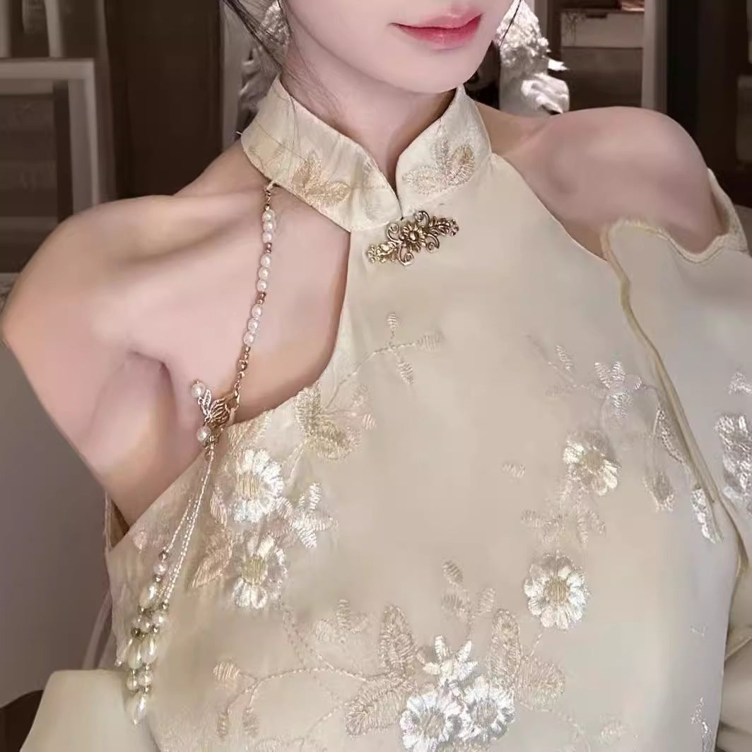 2025 Spot popular Chinese style cheongsam dress premium light luxury pearl slim pure desire shawl dress