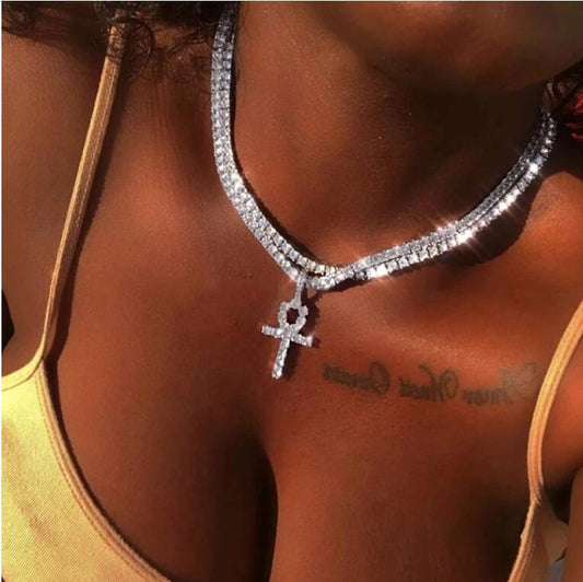 2025 YL2224  necklace factory supply rhinestone cross pendant single row diamond chain double necklace neck