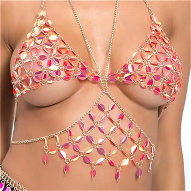 2025 MW3157  vest leaf shape sequined splicing neck V-neck chest wrap top small vest body chain
