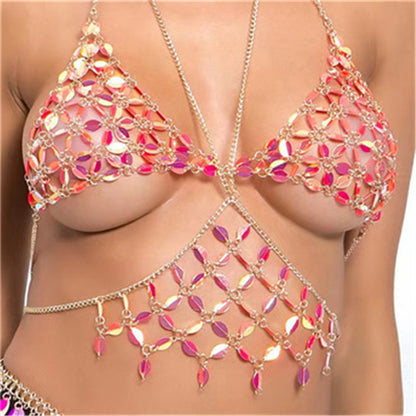 2025 MW3157  vest leaf shape sequined splicing neck V-neck chest wrap top small vest body chain