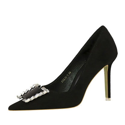 2025 516-K73  Spring and Autumn Banquet High Heel Shoes Thin Heel Suede Shallow Mouth Pointed Metal Rhinestone Buckle Single Shoes Women's Shoes