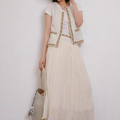 2025 Ethnic style vacation heavy industry bead weaving lace vest + natural pleated skirt set